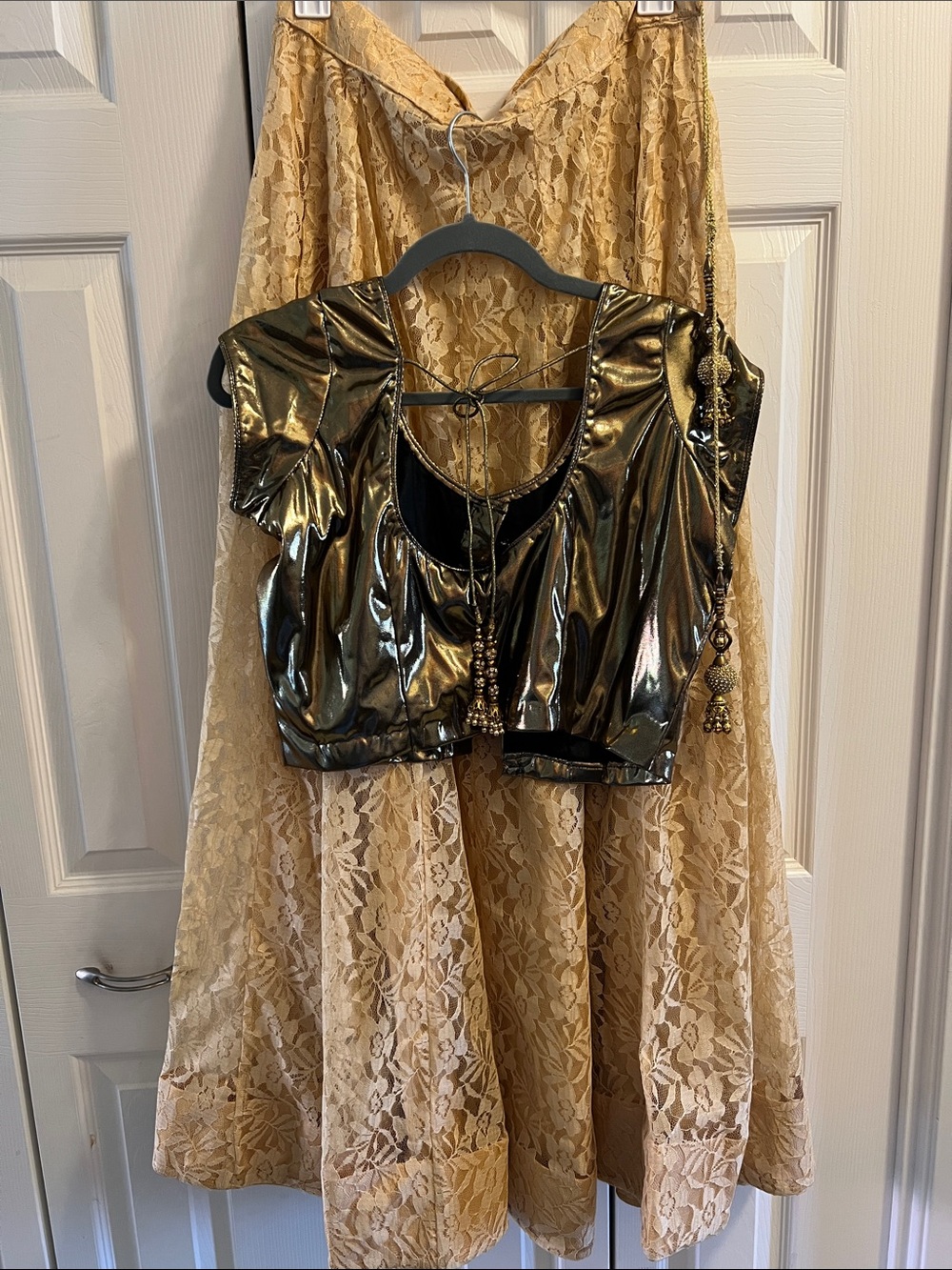 Golden skrit with Metallic Gold Crop Top with Tassel Tie